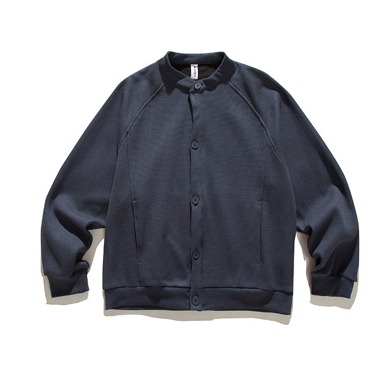 Men's waffle texture bomber-style cardigan with raglan sleeves and button placket Shop Velvia