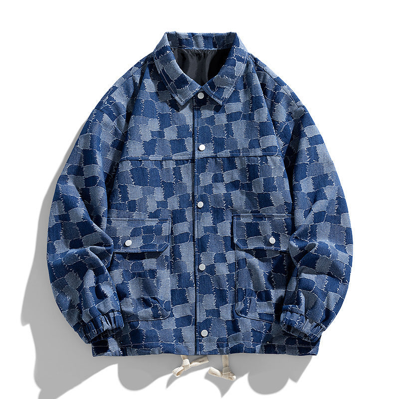 Men's oversized checkered denim jacket with snap buttons, flap pockets, and drawstring Shop Velvia