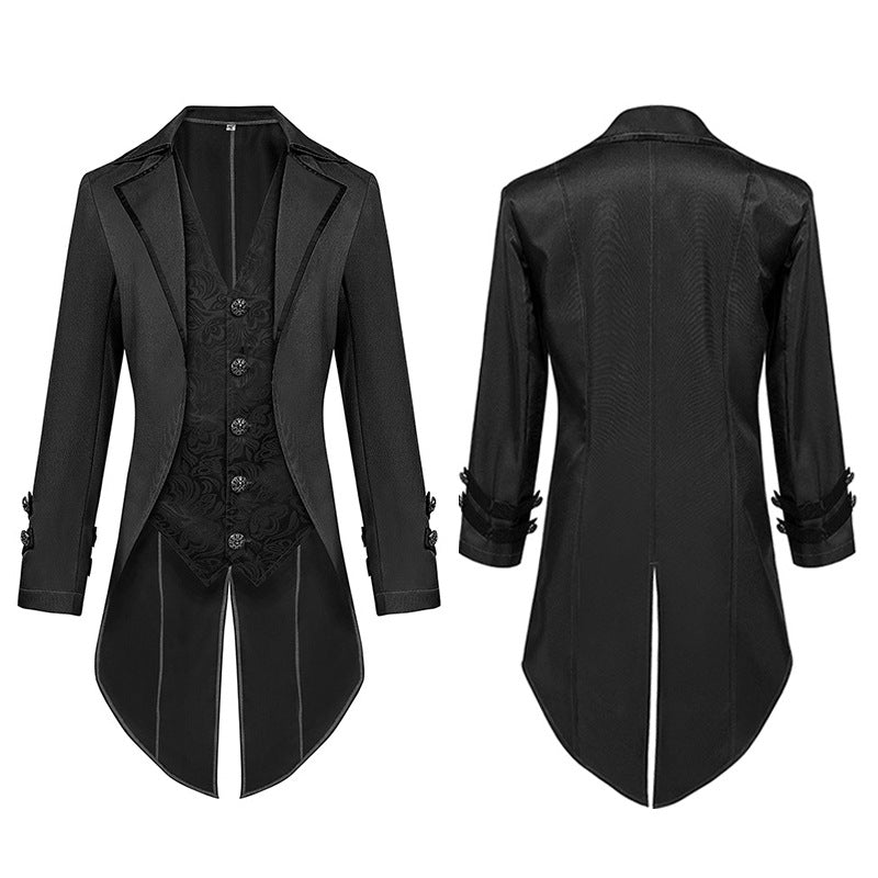 Men's nan baroque velvet tailcoat with gold-embroidered back appliqué and decorative brocade trim Shop Velvia
