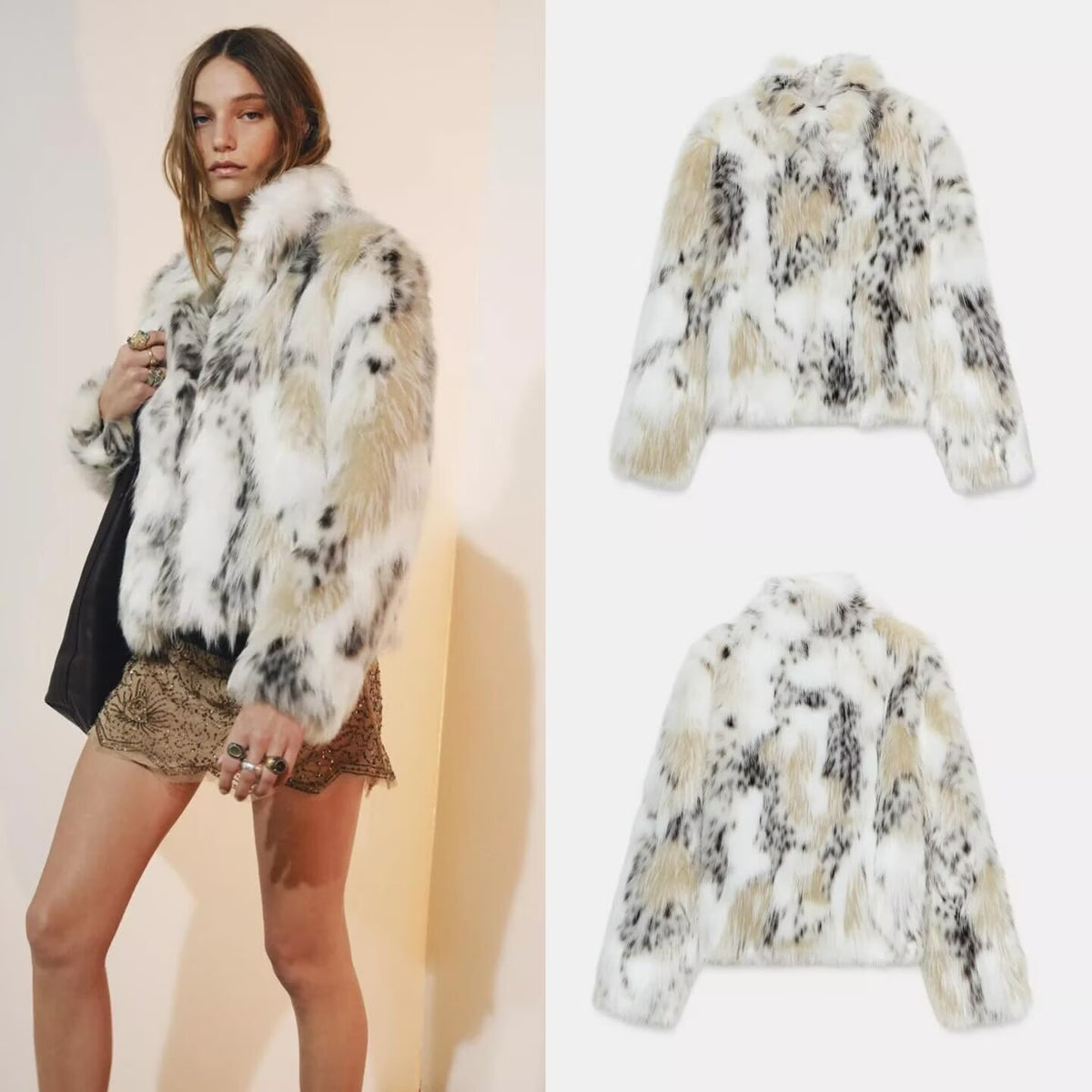 Women Short Faux Fur Jacket with Stand-Up Collar and Boxy, Cropped Cut Shop Velvia