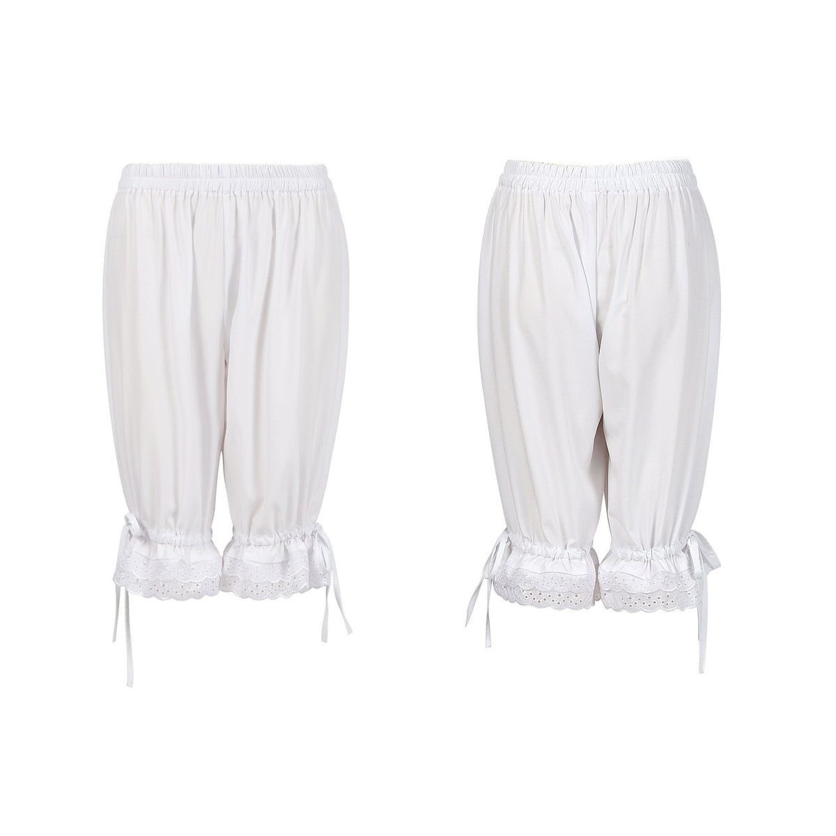 Ladies' gathered capri pants with elastic waistband, ties at the hem and lace trim Shop Velvia