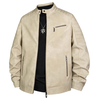 Men's biker jacket made of faux leather with stand-up collar and quilted shoulder Shop Velvia
