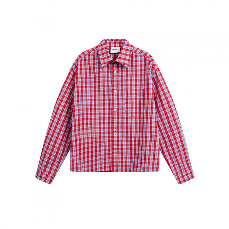 Unisex Checked Overshirt in Boxy Cut with Continuous Button Placket and Chest Pocket Shop Velvia