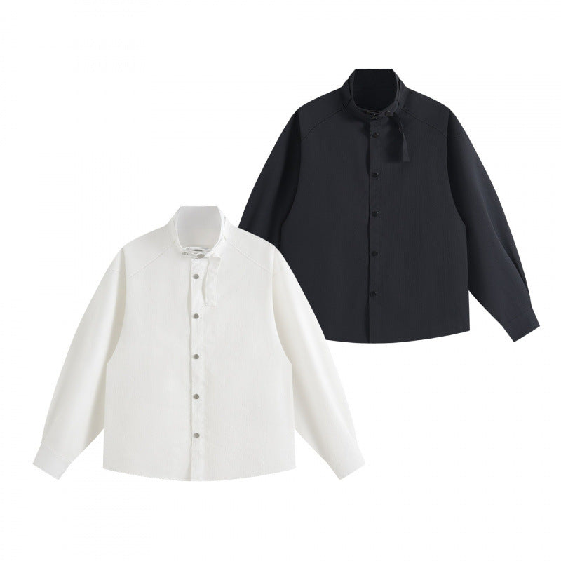 Unisex Boxy Overshirt with Stand Collar, Tie Loop and Snap Button Placket Shop Velvia