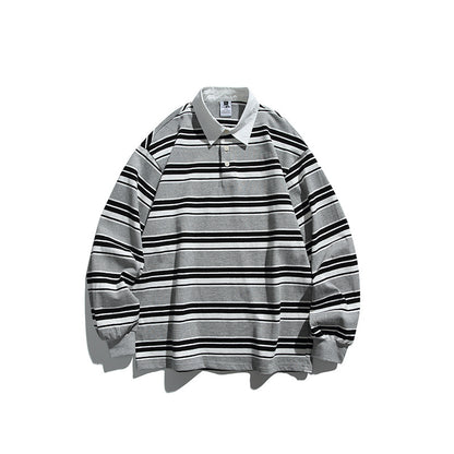 Unisex Oversize-Long Sleeve-Rugby Shirt with Contrast Collar and Distinctive Striped Pattern Shop Velvia