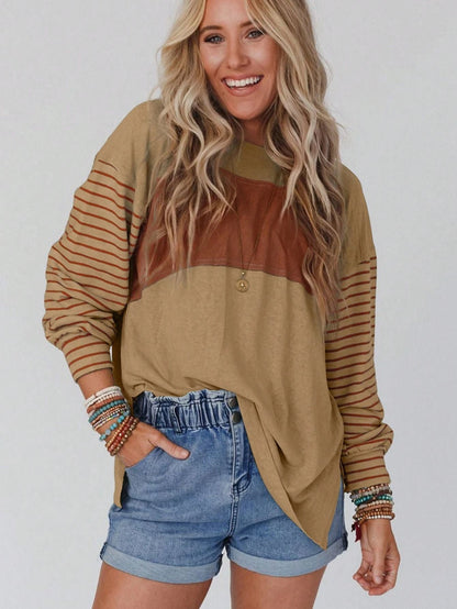 Women's Loose Colorblock Sweatshirt with Striped Sleeves and Round Neck Shop Velvia