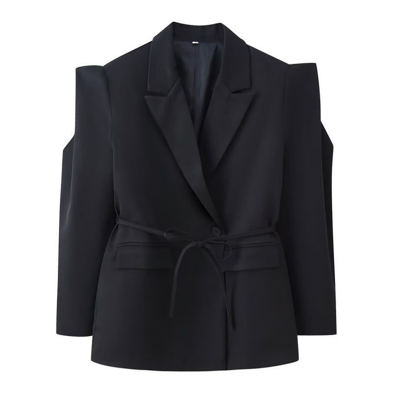 Women Tailored Blazer with Delicate Tie Waist, Emphasized Shoulder Area and Flap Pockets Shop Velvia