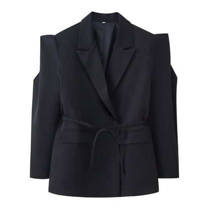 Women Tailored Blazer with Delicate Tie Waist, Emphasized Shoulder Area and Flap Pockets Shop Velvia
