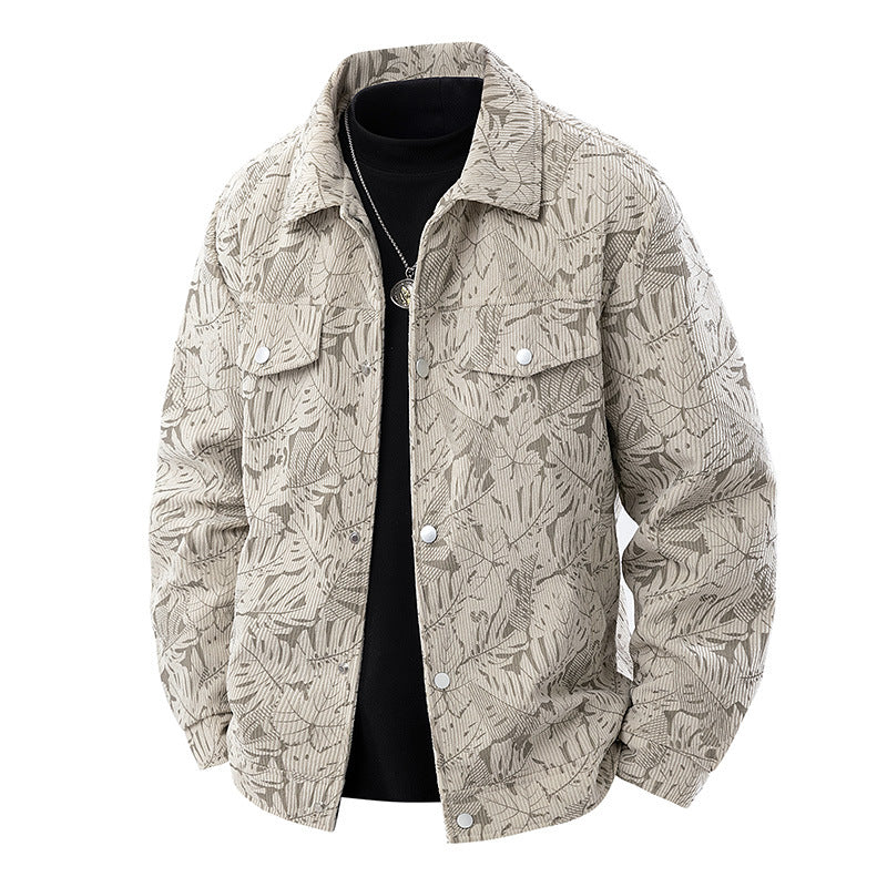 Men's corduroy trucker jacket with jacquard leaf pattern and snap button placket Shop Velvia