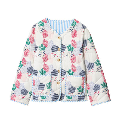 Women's Quilted Short Jacket in Patchwork Quilt Look with Button Placket and Patch Pockets Shop Velvia