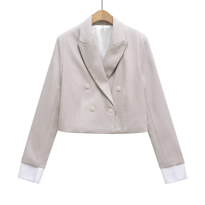 Women Cropped Double-Breasted Blazer with Lapel Collar Shop Velvia