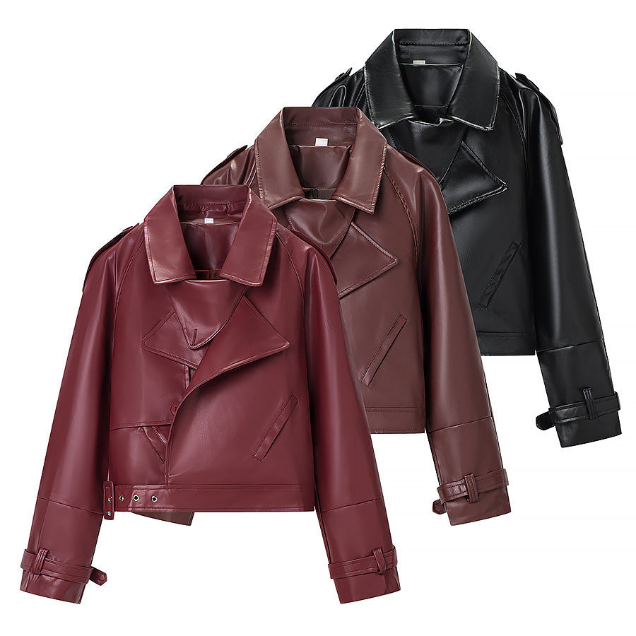 Ladies short cut biker jacket made of faux leather with asymmetrical front and waist belt Shop Velvia