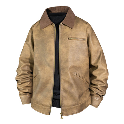 Men's Vintage Leather Bomber Jacket with Ribbed Collar Shop Velvia