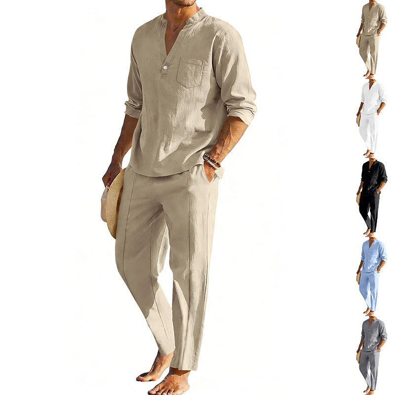 Men's comfortable linen two-piece with stand-up collar shirt and tapered ankle-length pants Shop Velvia