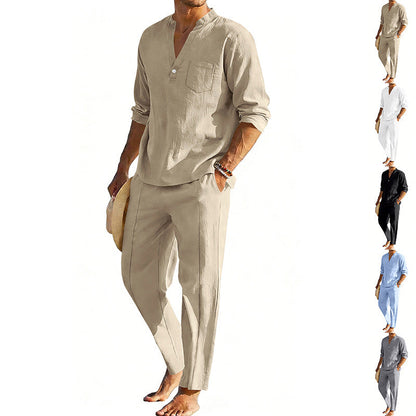 Men's comfortable linen two-piece with stand-up collar shirt and tapered ankle-length pants Shop Velvia