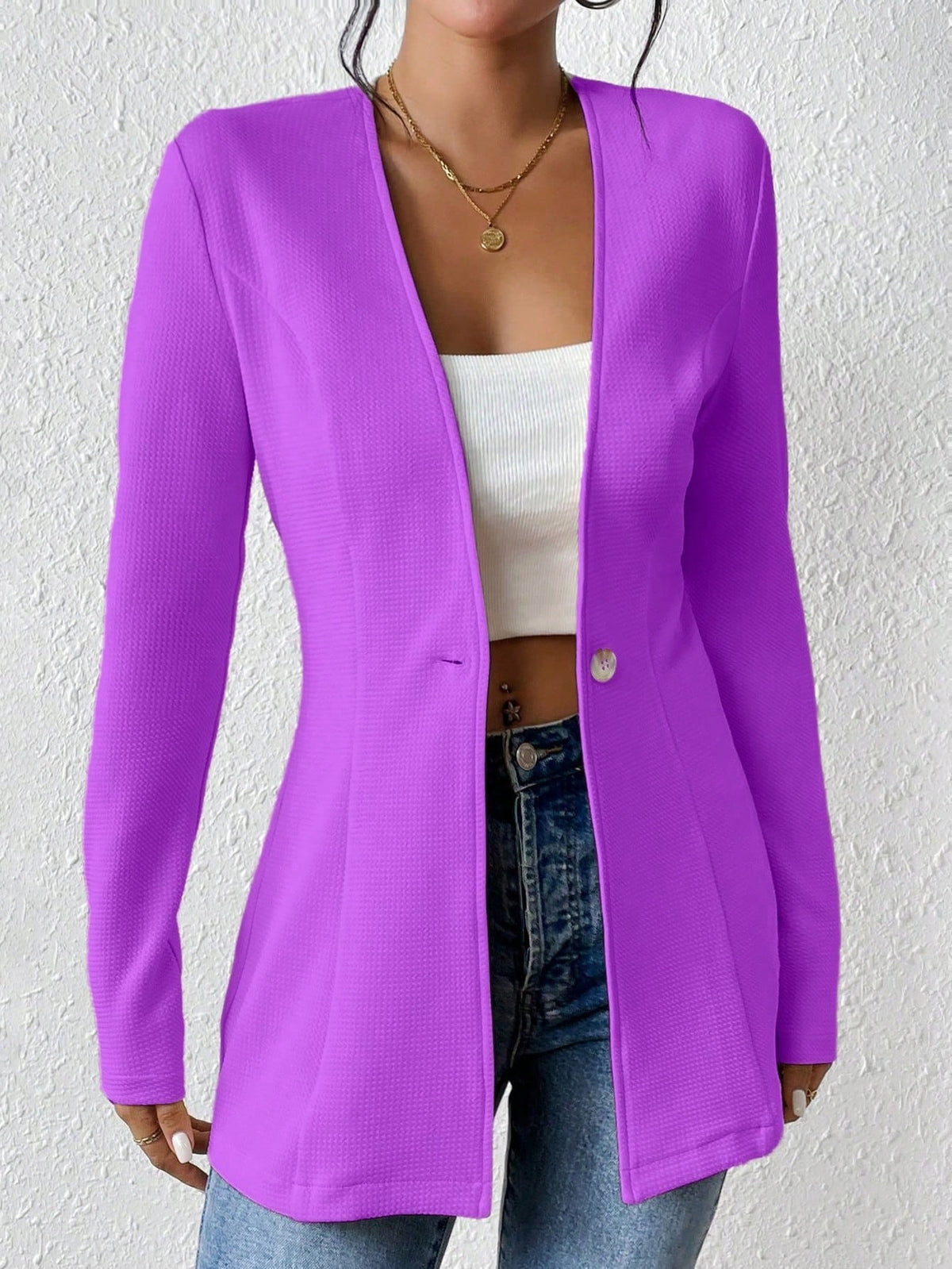 Ladies Tailored Long Blazer with V-Neck and One-Button Closure Shop Velvia