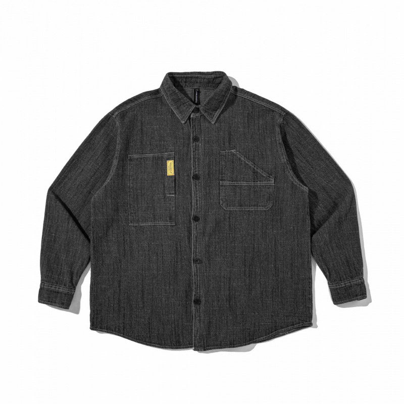 Unisex Boxy Denim Overshirt in Worker Look with Patch Pockets and Rounded Hem Shop Velvia