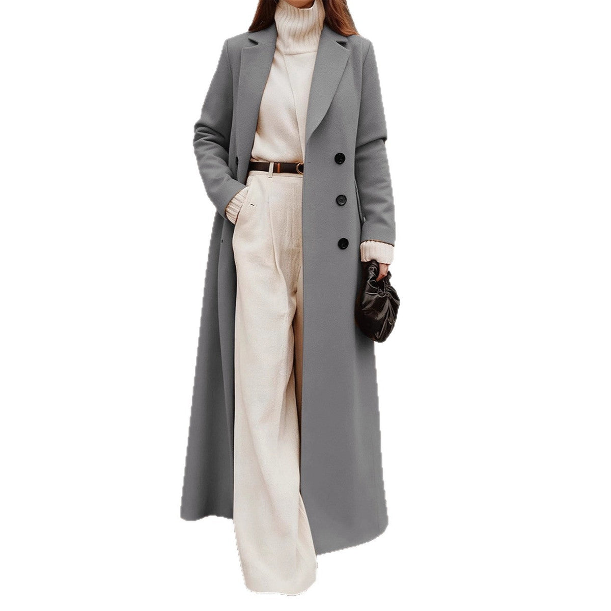 Women Elegant Wool Coat with Double Button Placket and Deep Pockets Shop Velvia