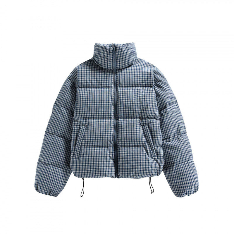 Women's short quilted jacket in check pattern with high stand-up collar and drawstring Shop Velvia