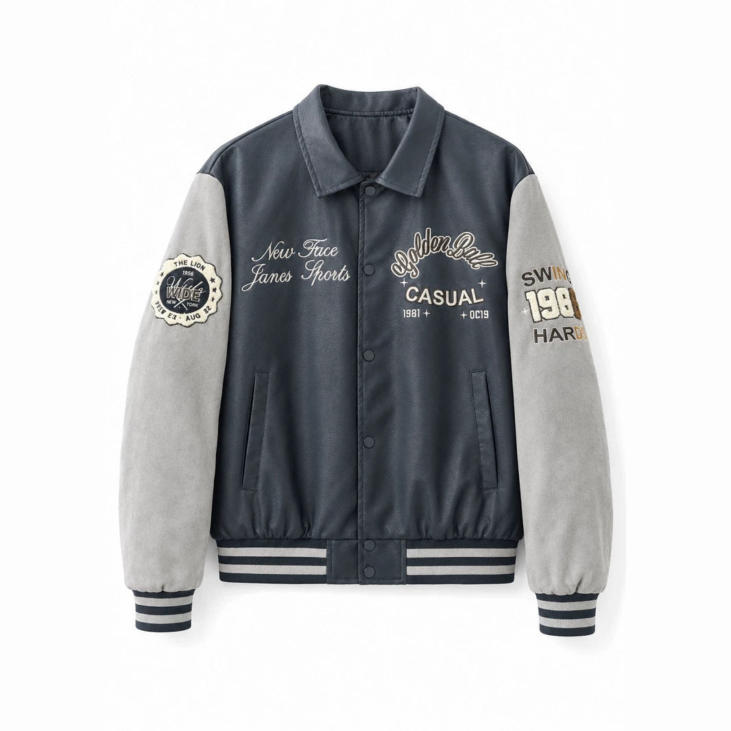 Men's varsity bomber jacket in collegiate style with faux leather body, suede look sleeves and embroidered patches Shop Velvia