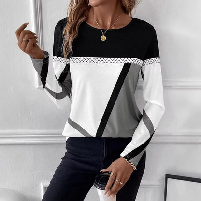 Women's Long Sleeve Shirt with Graphic Colorblock Design and Round Neck Shop Velvia