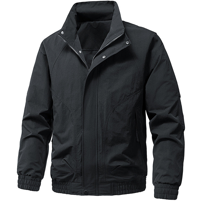 Men's Windproof Utility Bomber Jacket with Stand Collar, Elastic Cuffs, and Concealed Zipper Shop Velvia