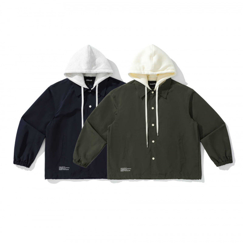 Unisex Two-Layer Overshirt Jacket with Attached Fleece Hood and Snap Button Placket Shop Velvia