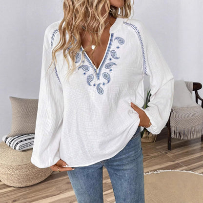 Women's Lightweight Cotton Tunic with Embroidery, V-Neck and Gathered Balloon Sleeves Shop Velvia