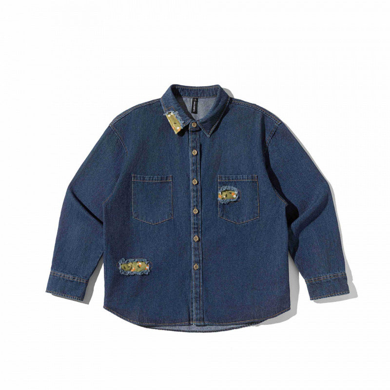 Unisex Boxy Denim Shirt Jacket with Decorative Destroy Applications and Oversized Silhouette Shop Velvia