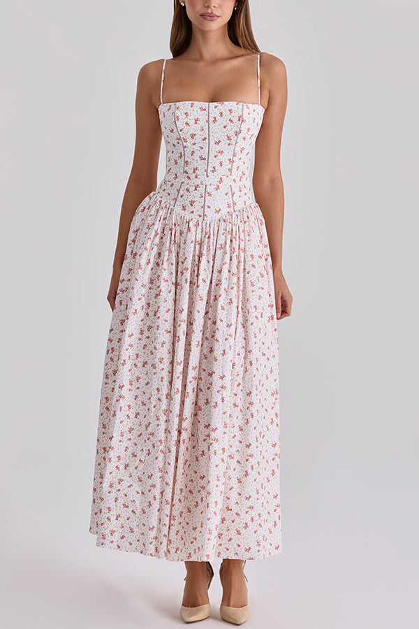 Women's fitted maxi dress with corset top and fine spaghetti straps