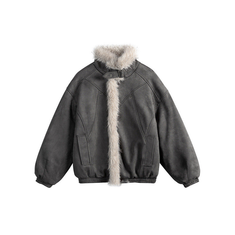 Women's short-cut bomber jacket in lambskin look with high stand-up collar and faux fur trim Shop Velvia