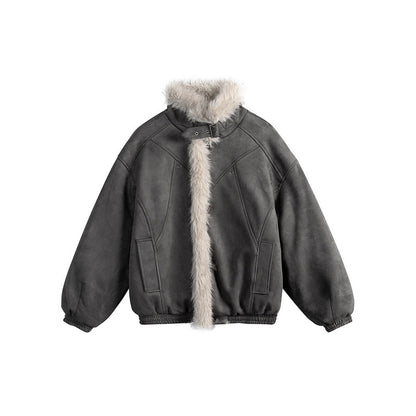 Women's short-cut bomber jacket in lambskin look with high stand-up collar and faux fur trim Shop Velvia