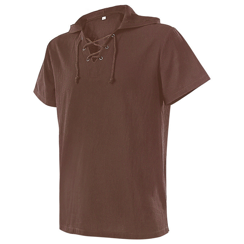 Men's casual short-sleeve shirt with laced V-neck, short stand-up collar, and soft cotton blend Shop Velvia