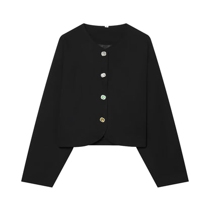 Women's Cropped Boxy Jacket with Decorative Buttons and Round Neckline Shop Velvia