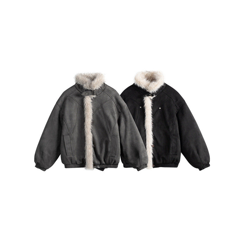Women's short-cut bomber jacket in lambskin look with high stand-up collar and faux fur trim Shop Velvia