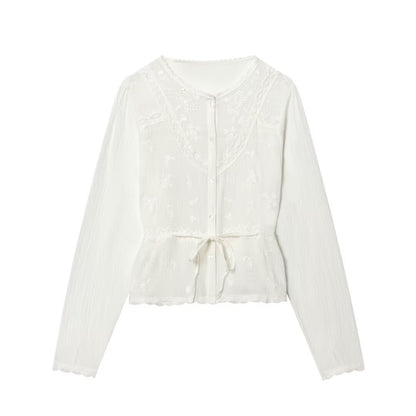 Women’s Light Embroidery Blouse with Lace Collar, Tie Waist and Button Placket Shop Velvia