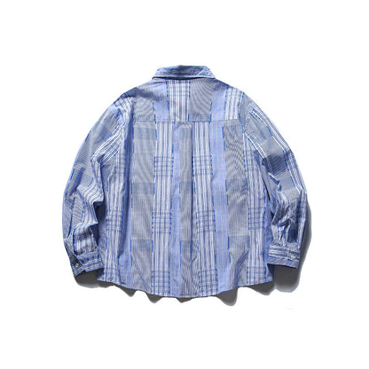 [Unisex] Oversize shirt in patchwork stripe mix with breast pocket and rounded hem Shop Velvia