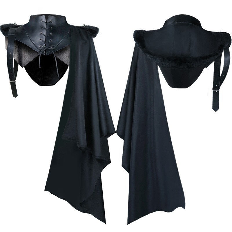 Unisex shoulder plate cape with laced collar, faux fur trim, adjustable leather straps, and asymmetrical train Shop Velvia