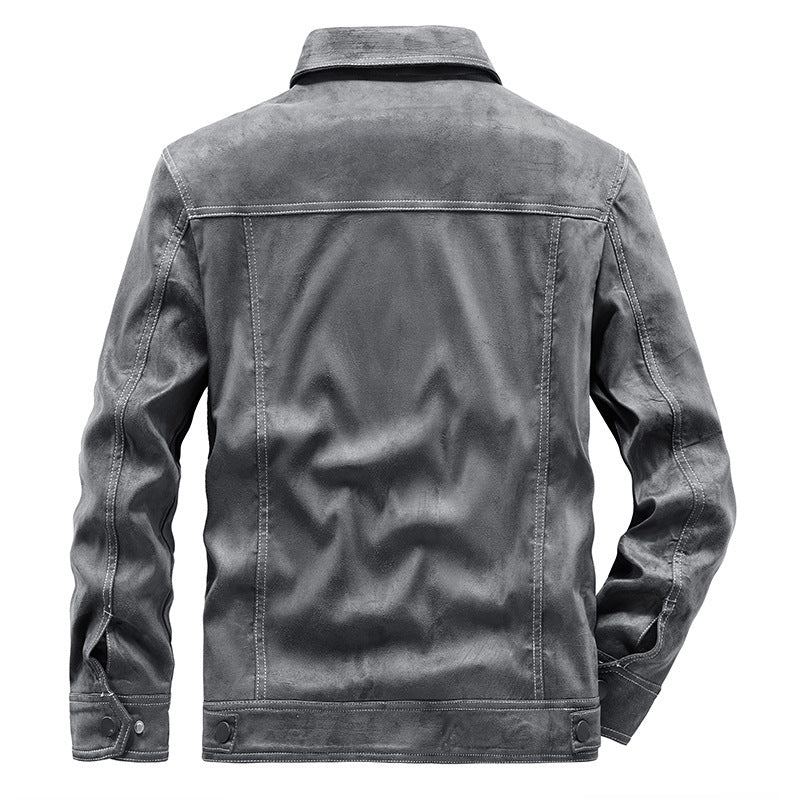Men's suede trucker jacket with snap buttons and contrast stitching Shop Velvia
