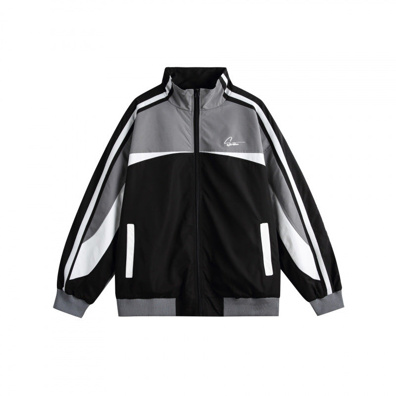 Unisex Lightweight Retro Track Jacket with Stand Collar, Contrasting Stripes and Ribbed Cuffs Shop Velvia