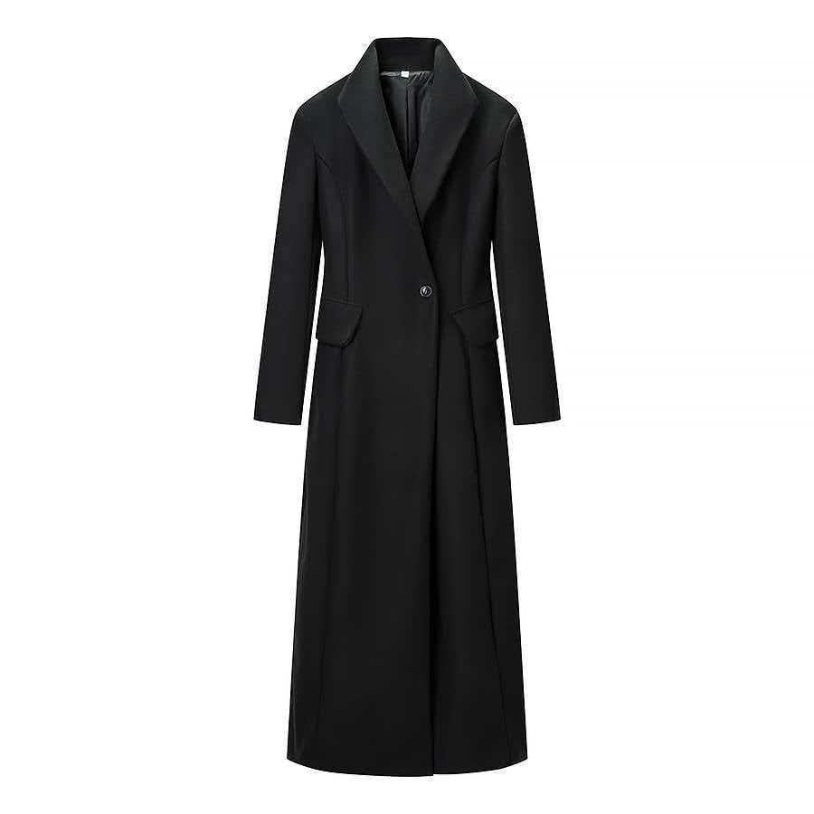 Women Tailored Long Coat with distinctive shoulder pads and asymmetric lapel Shop Velvia