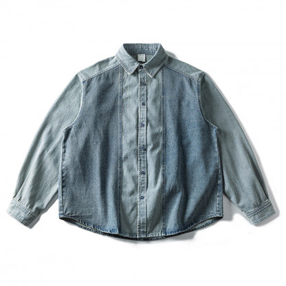 Unisex Wide Two-Tone Denim Shirt with Stripe Mix and Boxy Oversized Cut Shop Velvia
