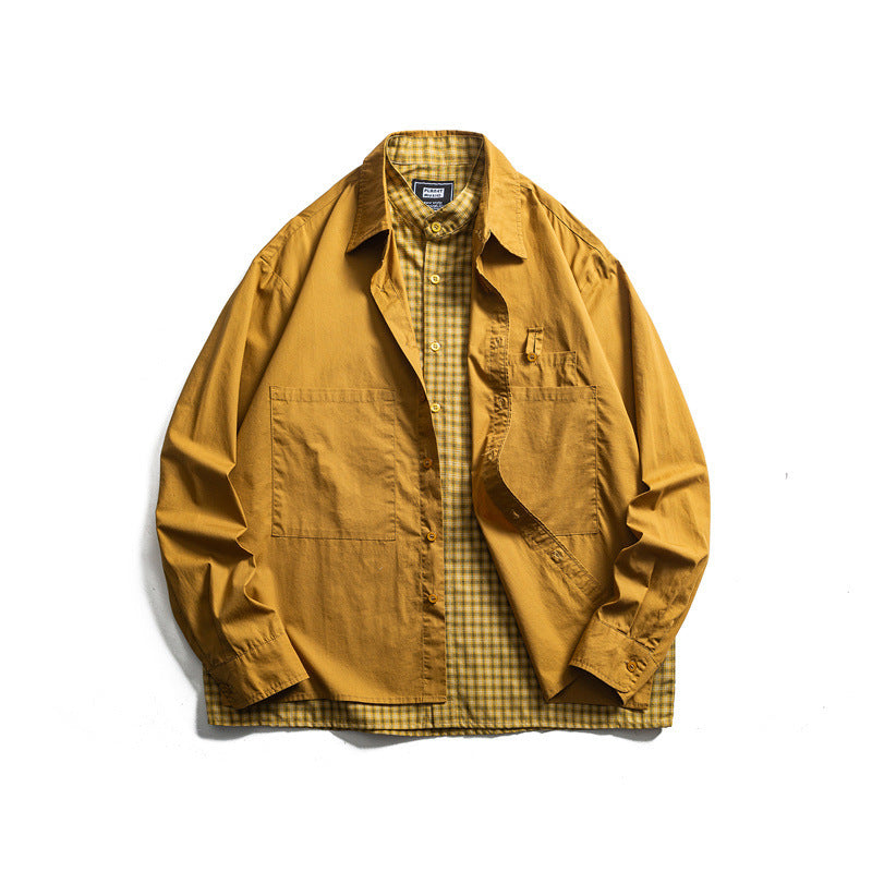 Men's layered look overshirt with patch front pockets, loose fit and checked underlay Shop Velvia