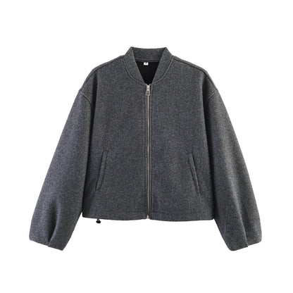 Women's Boxy Wool Blend Zip Jacket with Short Hem and Drawstring Shop Velvia