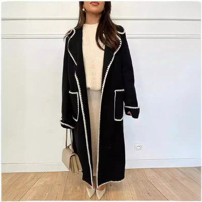 Women Tailored Wrap Coat made of Wool Blend with Decorative Wave Trim and Tied Belt Shop Velvia