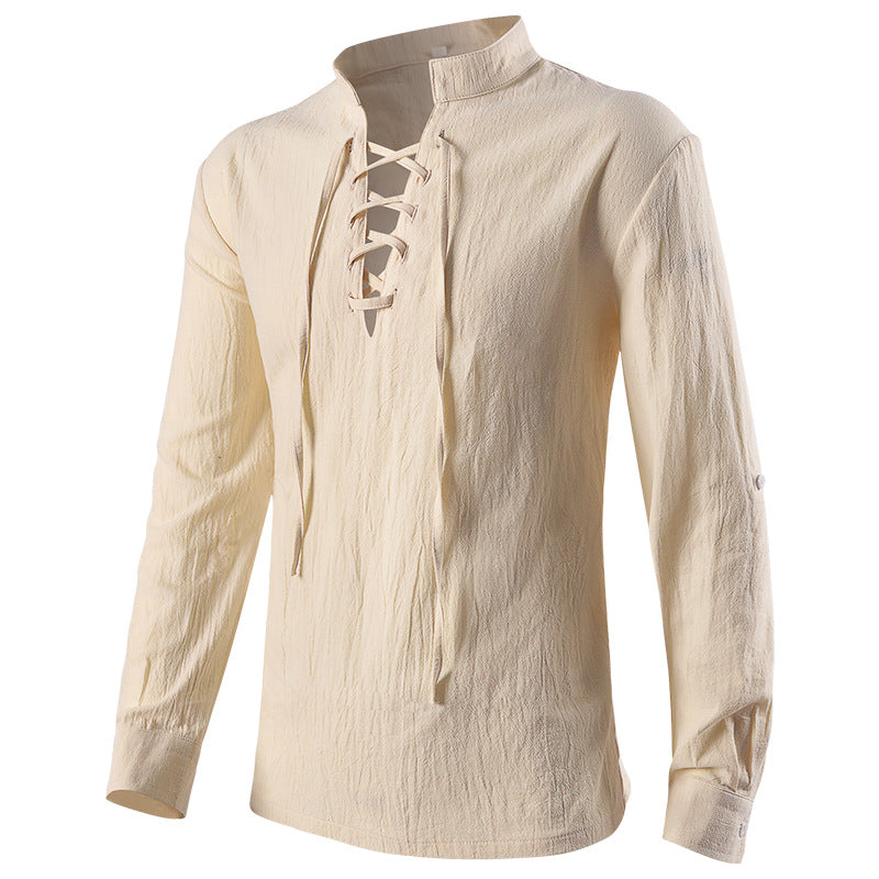 Men's casual short-sleeve shirt with laced V-neck, short stand-up collar, and soft cotton blend Shop Velvia