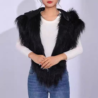 Women’s hooded scarf vest made of long-haired artificial fur Shop Velvia