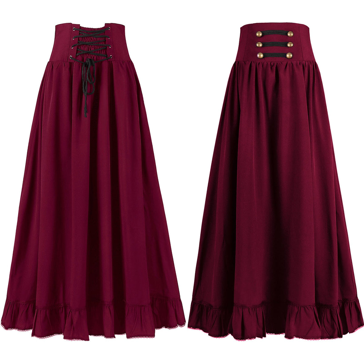 Ladies long high waist skirt with corset waistband, ruffle hem and decorative buttons Shop Velvia
