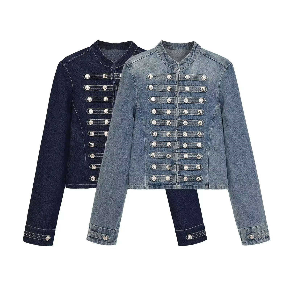 Women’s denim jacket in military style with row buttons and stand-up collar Shop Velvia