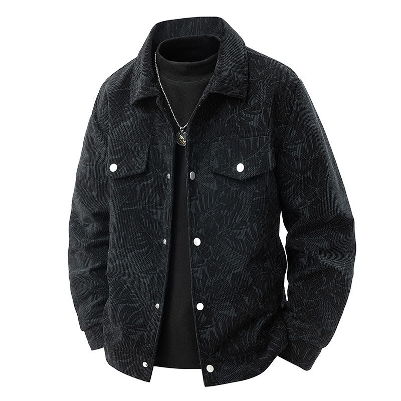 Men's corduroy trucker jacket with jacquard leaf pattern and snap button placket Shop Velvia